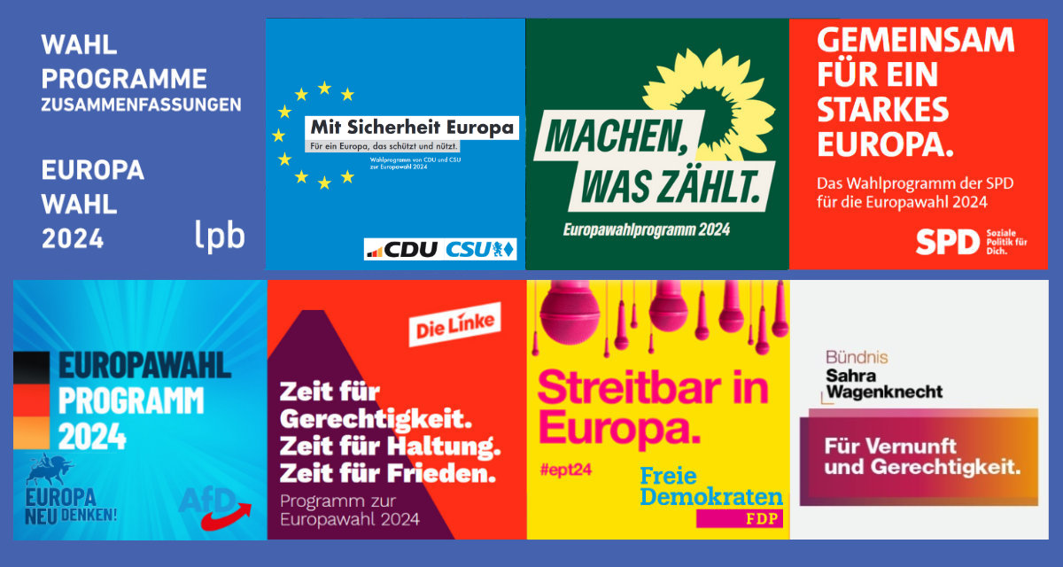 Wahlprogramme zur Europawahl 2024 - Die Parteien mit den bundesweit meist erzielten Stimmen bei der Europawahl 2019 sowie das neu gegründete Bündnis Sahra Wagenknecht | Collage LpB BW 